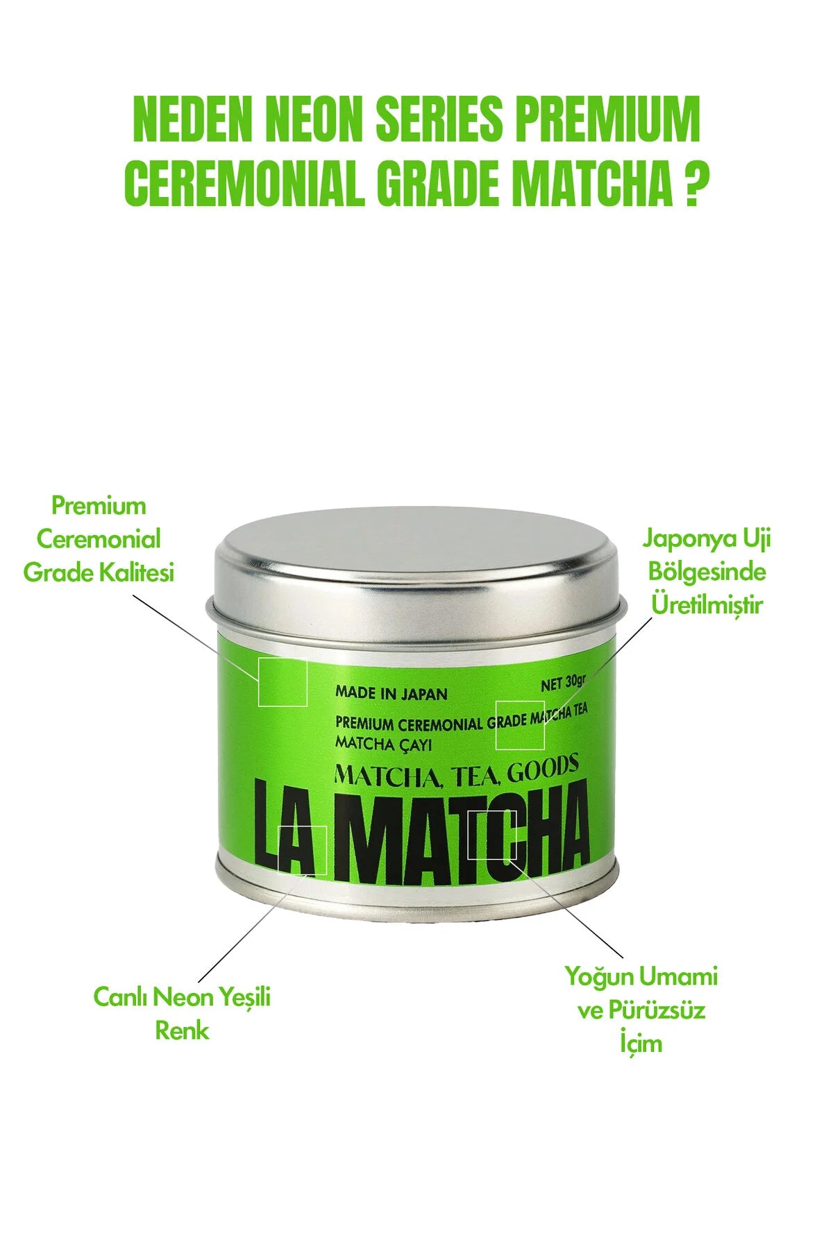 Neon Series Premium Ceremonial Matcha – Uji Japon Yeşil Çay Tozu, 30 g